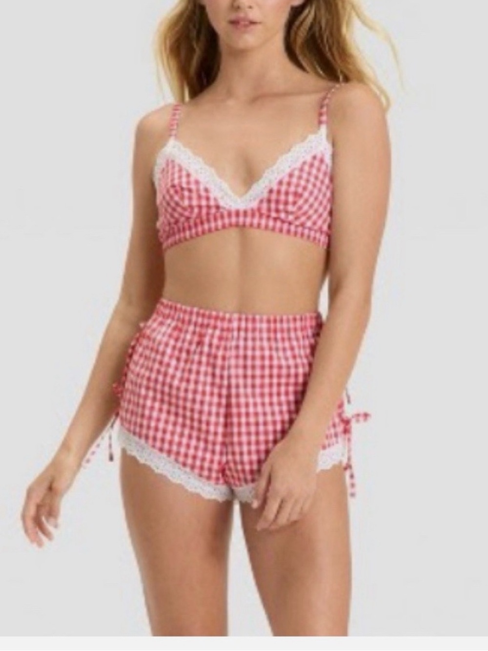 Colsie Red Gingham Lace-Trim Bralette & Shorts Set
